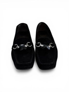 Stuart Weitzman Black Suede Loafers with Faceted Bit